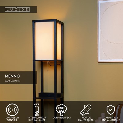 Lucide MENNO - Lampadaire - 1xE27 - Avec chargeur sans fil - Noir